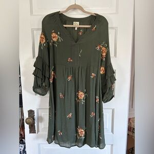 Anthropologie Fig and Flower Green Dress with Floral Embroidery. Size Large